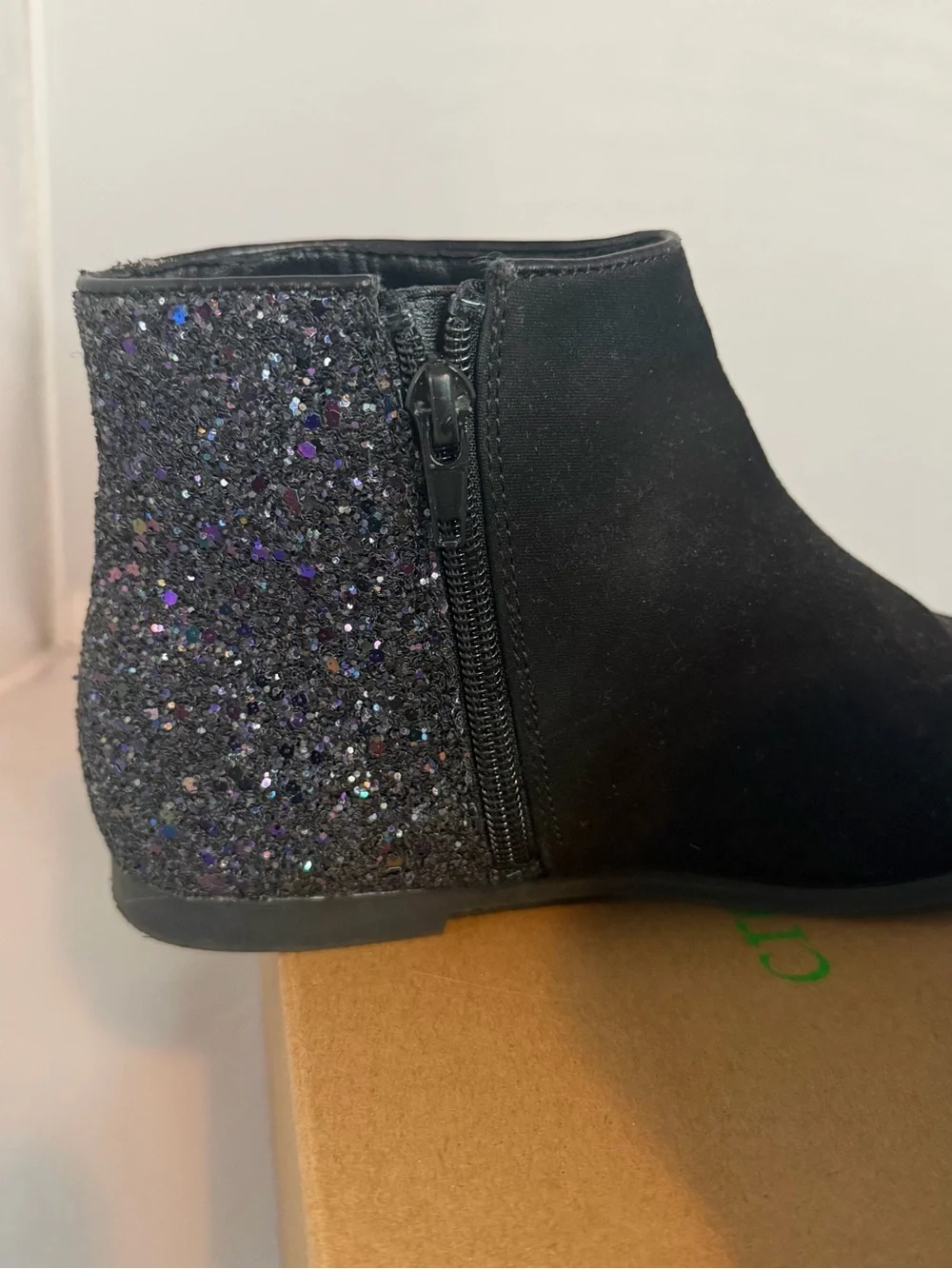 Crewcuts Black Suede Ankle Boots with Glitter Heel